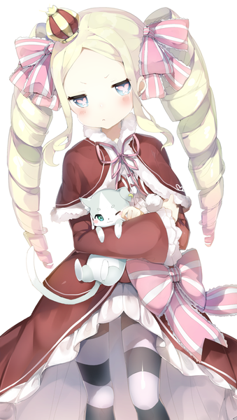 Anime picture 1387x2453 with re:zero kara hajimeru isekai seikatsu white fox puck (re:zero) beatrice (re:zero) umibouzu (niito) single long hair tall image looking at viewer blush blue eyes simple background blonde hair white background twintails holding bent knee (knees) long sleeves head tilt one eye closed