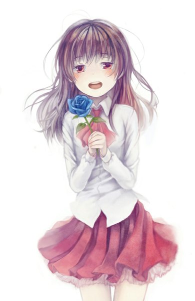 Anime picture 650x1000 with ib (game) ib (ib) ustsugi (me666nm) single long hair tall image looking at viewer blush fringe open mouth simple background smile red eyes brown hair white background girl skirt flower (flowers) shirt rose (roses)