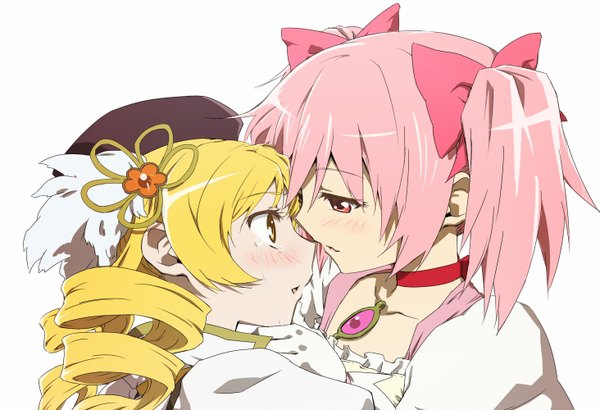 Anime picture 1463x1000 with mahou shoujo madoka magica shaft (studio) kaname madoka tomoe mami blush short hair simple background blonde hair white background twintails multiple girls yellow eyes pink hair pink eyes hair flower drill hair almost kiss girl hair ornament bow