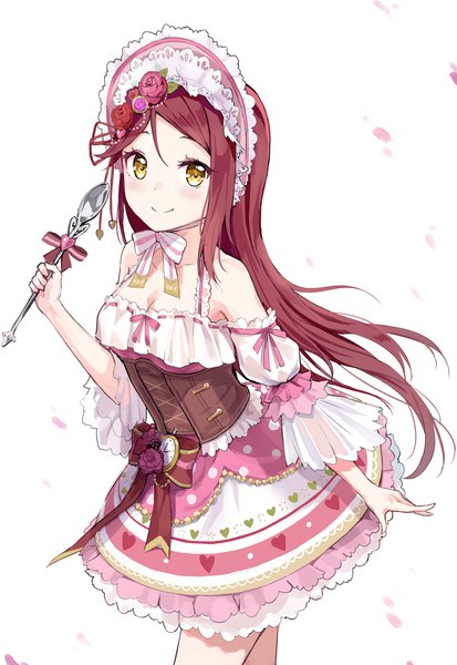 Anime picture 1472x2138 with love live! sunshine!! sunrise (studio) love live! sakurauchi riko arayesha single long hair tall image looking at viewer blush fringe simple background smile hair between eyes white background bare shoulders yellow eyes cleavage red hair underbust