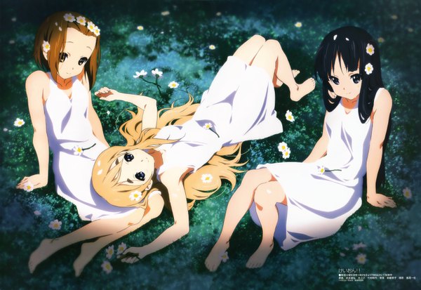 Anime picture 5937x4091 with k-on! kyoto animation megami magazine akiyama mio kotobuki tsumugi tainaka ritsu highres black hair blonde hair brown hair sitting multiple girls absurdres lying hair flower official art girl hair ornament 3 girls