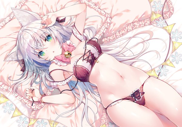 Anime picture 1477x1034 with original miwabe sakura single long hair looking at viewer blush fringe open mouth light erotic hair between eyes green eyes animal ears cleavage silver hair lying nail polish fingernails :o on back dutch angle