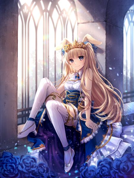 Anime picture 800x1064 with original hiirotaka single long hair tall image looking at viewer blush fringe blonde hair smile sitting purple eyes bare shoulders animal ears full body indoors arm support sparkle sleeveless girl
