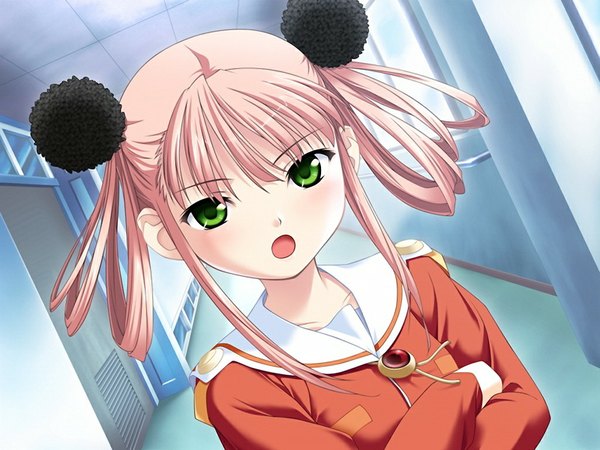 Anime picture 1024x768 with sister sister (game) green eyes pink hair game cg girl serafuku