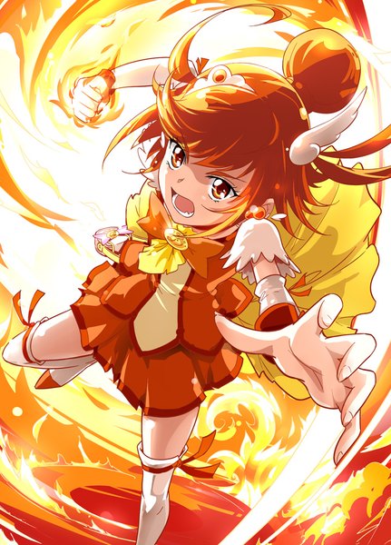 Anime picture 719x1000 with precure smile precure! toei animation hino akane (smile precure!) cure sunny mousoup single tall image fringe short hair open mouth payot bent knee (knees) orange hair hair bun (hair buns) orange eyes fighting stance magical girl girl detached sleeves