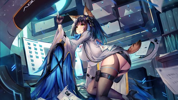 Anime picture 1920x1080 with original dk.senie single long hair fringe highres breasts light erotic black hair smile wide image large breasts holding animal ears yellow eyes blue hair looking away bent knee (knees) indoors tail