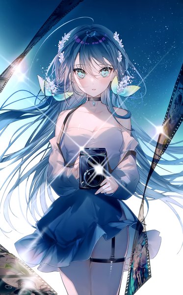 Anime picture 1871x3008 with original miwano rag single long hair tall image looking at viewer blush fringe highres hair between eyes standing bare shoulders holding blue hair ahoge long sleeves parted lips aqua eyes scan sparkle