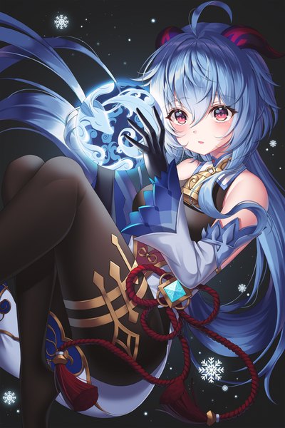 Anime picture 1500x2251 with genshin impact ganyu (genshin impact) nowsicaa single long hair tall image looking at viewer blush fringe open mouth simple background hair between eyes red eyes bare shoulders holding payot blue hair ahoge bent knee (knees) horn (horns)