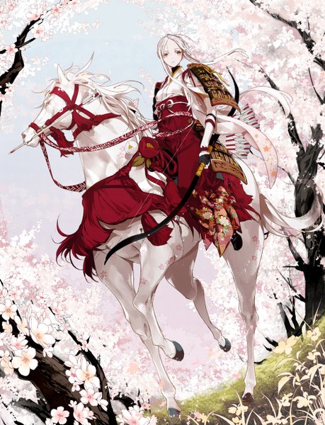Anime picture 1000x1306 with original izumi (nagashi) single long hair tall image brown eyes looking away white hair traditional clothes japanese clothes wind cherry blossoms floral print riding girl flower (flowers) weapon plant (plants) animal tree (trees)