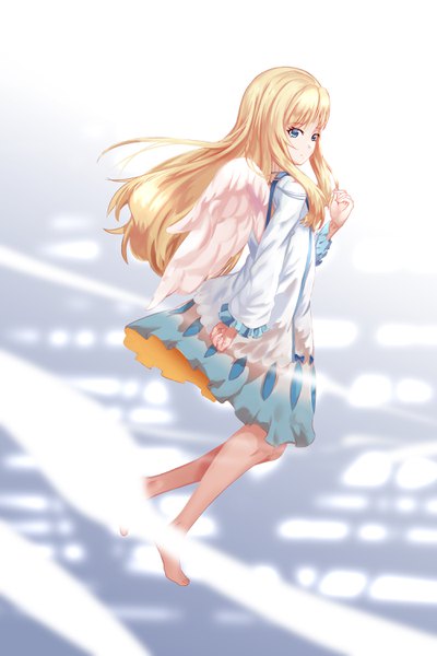 Anime picture 2000x3000 with tate no yuusha no nariagari kinema citrus firo (tate no yuusha no nariagari) aoi azunya single long hair tall image looking at viewer fringe highres blue eyes blonde hair payot full body blunt bangs barefoot bare legs turning head angel wings white wings
