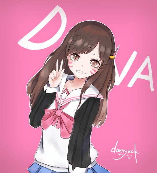 Anime picture 1000x1100 with overwatch blizzard entertainment d.va (overwatch) darnyack single long hair tall image looking at viewer fringe simple background smile brown hair brown eyes signed pleated skirt alternate costume character names facial mark victory pink background