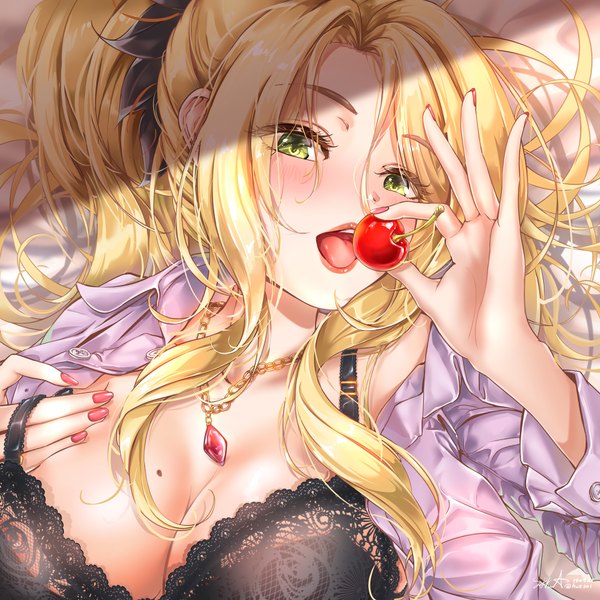 Anime picture 1920x1920 with princess connect! re:dive princess connect! christina (princess connect!) hue301 single long hair looking at viewer blush fringe highres breasts open mouth light erotic blonde hair hair between eyes large breasts holding green eyes signed payot