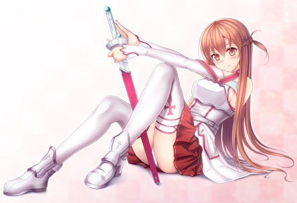 Anime picture 1200x821 with sword art online a-1 pictures yuuki asuna single long hair looking at viewer blush light erotic simple background brown hair white background brown eyes pantyshot pantyshot sitting girl thighhighs skirt weapon miniskirt white thighhighs