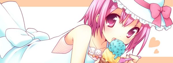 Anime picture 1000x366 with original usashiro mani single looking at viewer blush short hair open mouth wide image pink hair lying pink eyes girl hat food sweets sundress ice cream
