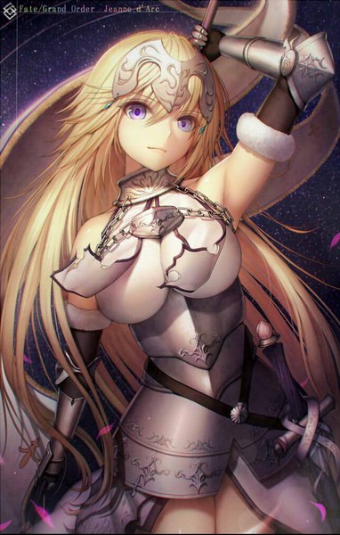 Anime picture 642x1009 with fate (series) fate/grand order fate/apocrypha jeanne d'arc (fate) (all) jeanne d'arc (fate) hisahisahisahisa single long hair tall image looking at viewer fringe breasts blonde hair smile hair between eyes large breasts standing purple eyes bare shoulders holding