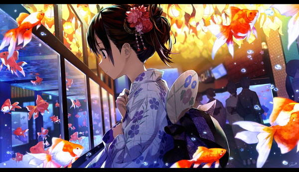 Anime picture 1800x1037 with original orda highres black hair wide image standing looking away traditional clothes japanese clothes profile hair flower light smile wide sleeves letterboxed solo focus girl hair ornament flower (flowers) animal kimono