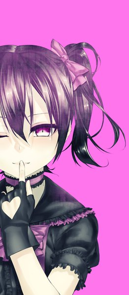 Anime picture 1400x3200 with love live! school idol project sunrise (studio) love live! yazawa nico sizuka (takuma0) single tall image looking at viewer fringe short hair black hair simple background smile hair between eyes twintails purple eyes one eye closed wink puffy sleeves finger to mouth
