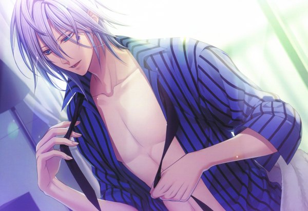 Anime picture 5157x3535 with amnesia idea factory ikki (amnesia) single highres short hair open mouth blue eyes absurdres purple hair open clothes tattoo open shirt boy necktie window curtains lamp