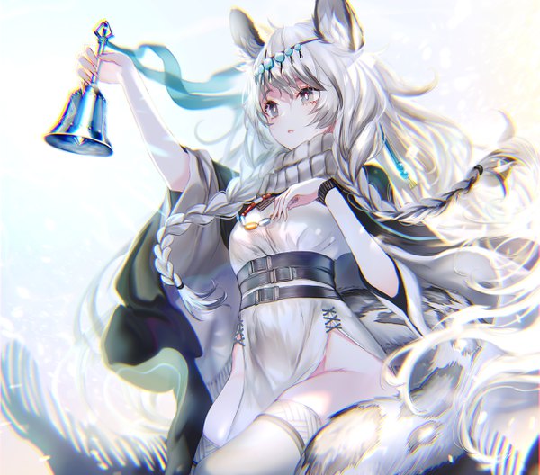 Anime picture 2500x2200 with arknights pramanix (arknights) pottsness single long hair fringe highres open mouth light erotic simple background hair between eyes standing holding animal ears looking away silver hair tail braid (braids) animal tail arm up