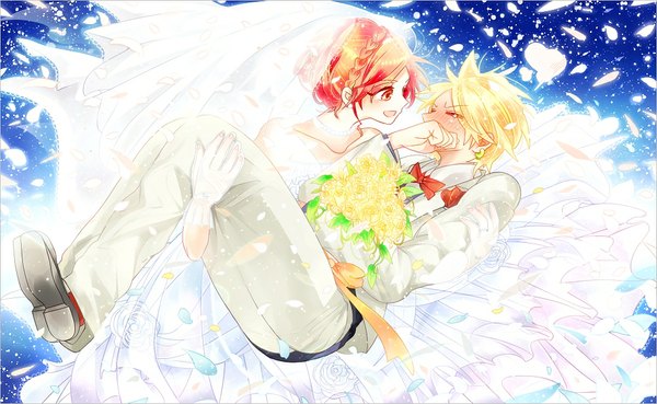 Anime picture 1002x617 with magi the labyrinth of magic a-1 pictures morgiana ali baba saluja tagme (artist) blush short hair blonde hair wide image holding red hair eyes closed orange hair orange eyes couple hug tears blue background face to face carrying