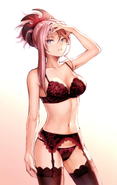 Anime picture 4221x6640 with fate (series) fate/grand order miyamoto musashi (fate) mashuu (neko no oyashiro) single long hair tall image looking at viewer blush fringe highres breasts blue eyes light erotic simple background hair between eyes standing signed pink hair absurdres