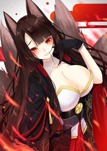 Anime picture 1061x1500 with azur lane akagi (azur lane) amahara pekozaemon single long hair tall image looking at viewer blush fringe breasts light erotic red eyes brown hair large breasts animal ears cleavage tail blunt bangs traditional clothes head tilt
