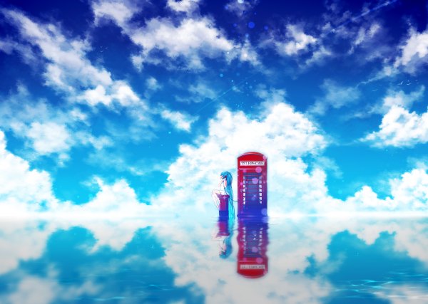 Anime picture 1200x854 with vocaloid hatsune miku myoya single long hair open mouth smile sitting twintails blue hair sky cloud (clouds) eyes closed profile barefoot legs reflection landscape girl dress
