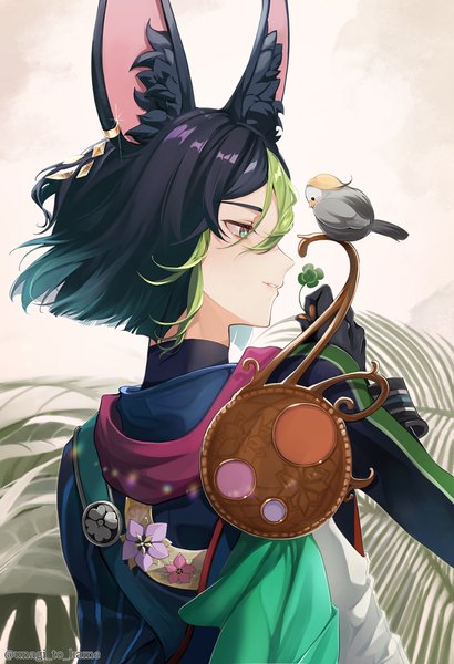 Anime picture 1888x2766 with genshin impact tighnari (genshin impact) unagi to kame single tall image highres short hair black hair green eyes signed animal ears looking away upper body profile multicolored hair from behind streaked hair twitter username boy animal