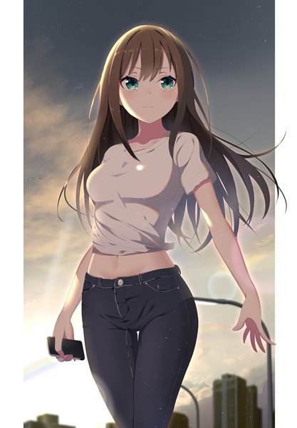 Anime picture 695x1000 with idolmaster idolmaster cinderella girls shibuya rin sutoroa single long hair tall image looking at viewer blush fringe breasts brown hair standing holding green eyes sky cloud (clouds) outdoors sunlight short sleeves