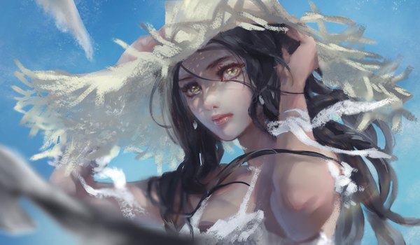 Anime picture 1283x750 with original lanyuying plumes single long hair looking at viewer blush black hair smile wide image bare shoulders holding yellow eyes sky cloud (clouds) wind girl hat earrings jewelry straw hat
