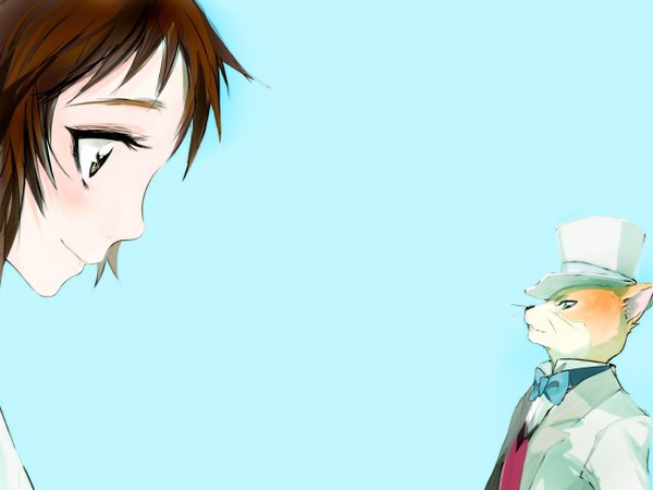 Anime picture 1280x960 with the cat returns studio ghibli yoshioka haru baron humbert von gikkingen tima (artist) short hair blue eyes simple background brown hair brown eyes profile light smile couple blue background face face to face girl bowtie cat suit