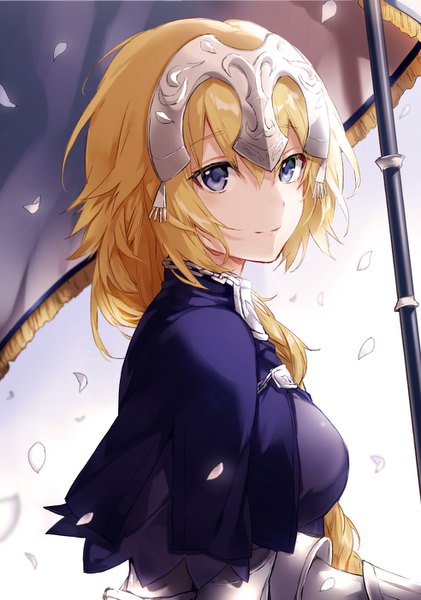 Anime picture 984x1403 with fate (series) fate/apocrypha jeanne d'arc (fate) (all) jeanne d'arc (fate) arisaka ako single long hair tall image looking at viewer fringe breasts blue eyes blonde hair smile large breasts braid (braids) head tilt girl hair ornament petals