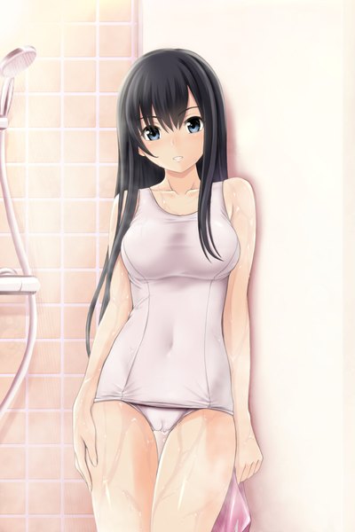 Anime picture 666x1000 with original nonaka ritsu single long hair tall image looking at viewer blush fringe breasts blue eyes light erotic black hair hair between eyes large breasts standing holding payot indoors parted lips wet