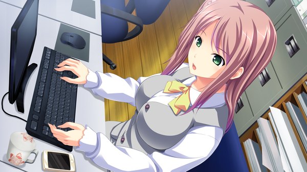 Anime picture 2560x1440 with omae no onna o netotteyaru yamabuki futaba long hair highres wide image green eyes pink hair game cg girl uniform school uniform monitor computer keyboard iphone