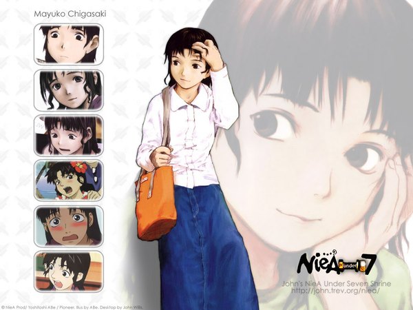 Anime picture 1024x768 with niea 7 chigasaki mayuko long hair black hair looking away long sleeves arm up black eyes multiview girl skirt shirt white shirt bag shoulder bag handbag long skirt