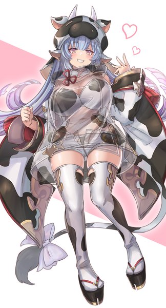 Anime picture 2000x3700 with granblue fantasy catura (granblue fantasy) hinoaki5 single long hair tall image highres breasts light erotic smile large breasts purple eyes blue hair full body tail animal tail midriff zettai ryouiki grin animal print