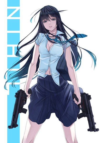 Anime-Bild 1000x1428 mit original hamada youho single long hair tall image looking at viewer standing holding blue hair pleated skirt wind grey eyes partially open clothes girl skirt navel uniform weapon school uniform shirt