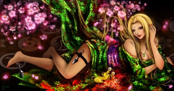 Anime picture 1920x1005 with naruto studio pierrot naruto (series) tsunade rikamello single highres blonde hair wide image bare shoulders brown eyes lying very long hair nail polish light smile lips realistic lipstick cherry blossoms hokage