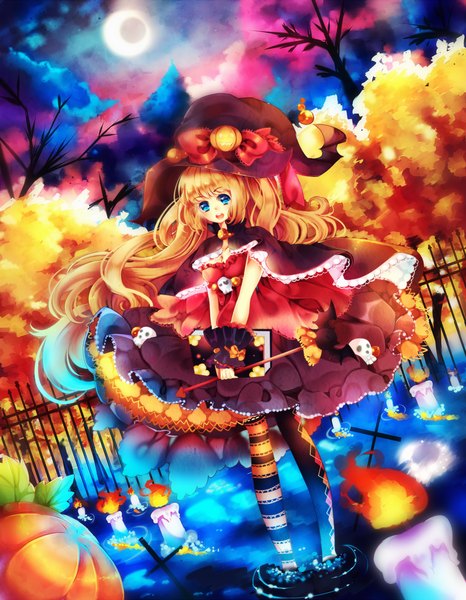 Anime picture 1166x1500 with original maruuki single long hair tall image open mouth blue eyes blonde hair cloud (clouds) multicolored hair aqua hair night two-tone hair night sky gradient hair halloween crescent girl dress plant (plants)