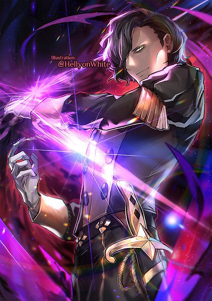 Anime picture 634x900 with fire emblem fire emblem: three houses nintendo hubert von vestra hellyon white single tall image looking at viewer fringe short hair black hair smile standing green eyes signed long sleeves hair over one eye twitter username boy gloves