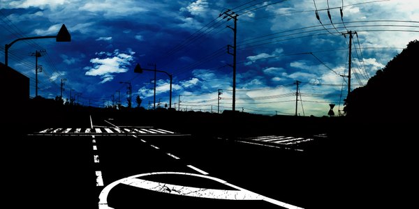Anime picture 1817x909 with sarugetty (artist) highres wide image sky cloud (clouds) landscape wire (wires) pillar road column