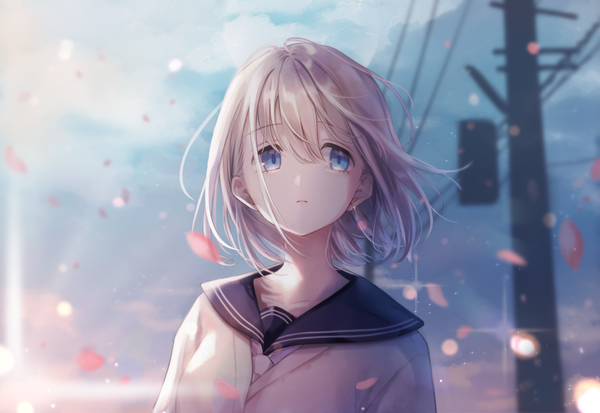 Anime picture 1563x1077 with idolmaster idolmaster shiny colors serizawa asahi magako single fringe short hair blue eyes hair between eyes payot looking away sky silver hair cloud (clouds) upper body outdoors wind blurry girl uniform