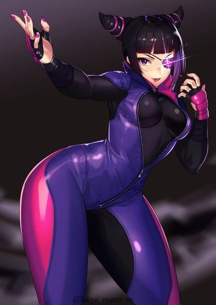 Anime picture 1447x2046 with street fighter capcom han juri kagematsuri single tall image looking at viewer fringe short hair breasts light erotic black hair simple background purple eyes signed payot blunt bangs nail polish multicolored hair arm up