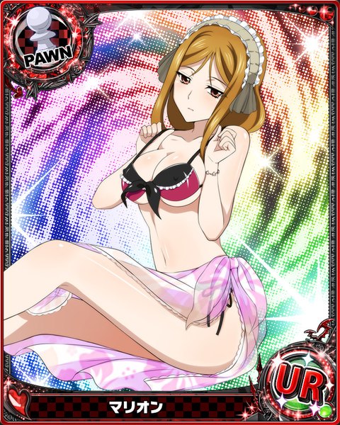 Anime picture 640x800 with highschool dxd marion (high school dxd) single long hair tall image looking at viewer breasts light erotic brown hair brown eyes card (medium) girl navel swimsuit bikini lolita hairband pareo