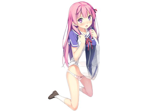 Anime picture 1322x1012 with ore no kanojo to osananajimi ga shuraba sugiru a-1 pictures fuyuumi ai kantoku single long hair looking at viewer blush fringe open mouth light erotic simple background hair between eyes white background purple eyes pink hair full body bent knee (knees) from above kneeling