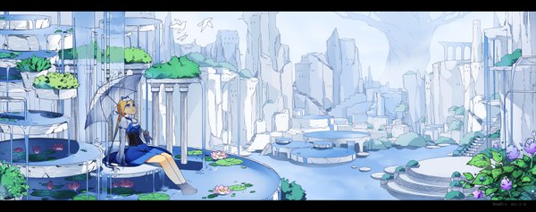 Anime picture 1682x667 with original newrein (artist) single long hair blue eyes blonde hair smile wide image sitting girl dress plant (plants) animal water bird (birds) building (buildings) umbrella corset water lily