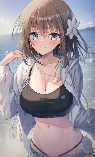 Anime picture 1095x1800 with fate (series) fate/grand order charlotte corday (fate/grand order) charlotte corday (swimsuit caster) (fate) kuro futoshi single long hair tall image looking at viewer blush fringe breasts blue eyes light erotic hair between eyes brown hair large breasts outdoors braid (braids) hair flower