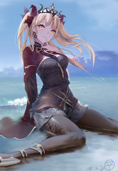 Anime picture 1983x2862 with fate (series) fate/grand order ereshkigal (fate) xufeeg single long hair tall image looking at viewer blush fringe highres breasts blonde hair sitting yellow eyes sky cleavage bent knee (knees) outdoors parted lips