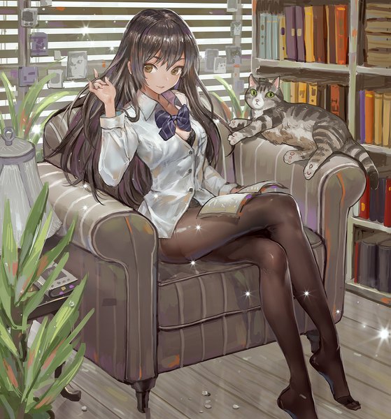 Anime picture 1119x1200 with original canking single long hair tall image looking at viewer blush fringe breasts light erotic black hair smile sitting brown eyes sparkle open shirt crossed legs adjusting hair girl plant (plants)