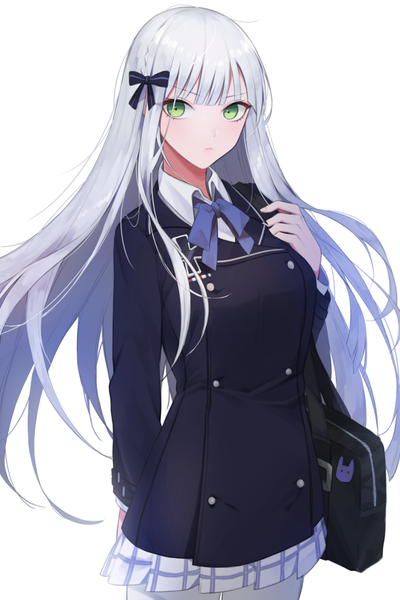 Anime picture 1001x1502 with girls frontline hk416 (girls frontline) qb 516 single long hair tall image looking at viewer fringe simple background white background green eyes silver hair expressionless girl skirt uniform bow hair bow school uniform miniskirt